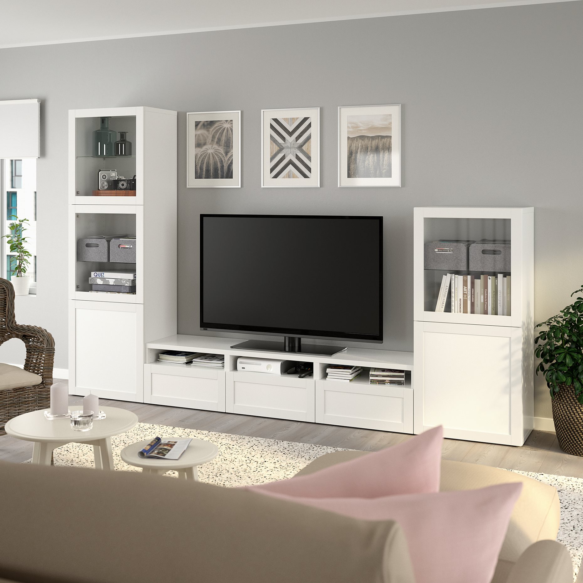 BESTÅ, σύνθεση αποθήκευσης TV/γυάλινες πόρτες/συρτάρια ανοίγματος με πίεση, 300x42x193 cm, 994.063.84