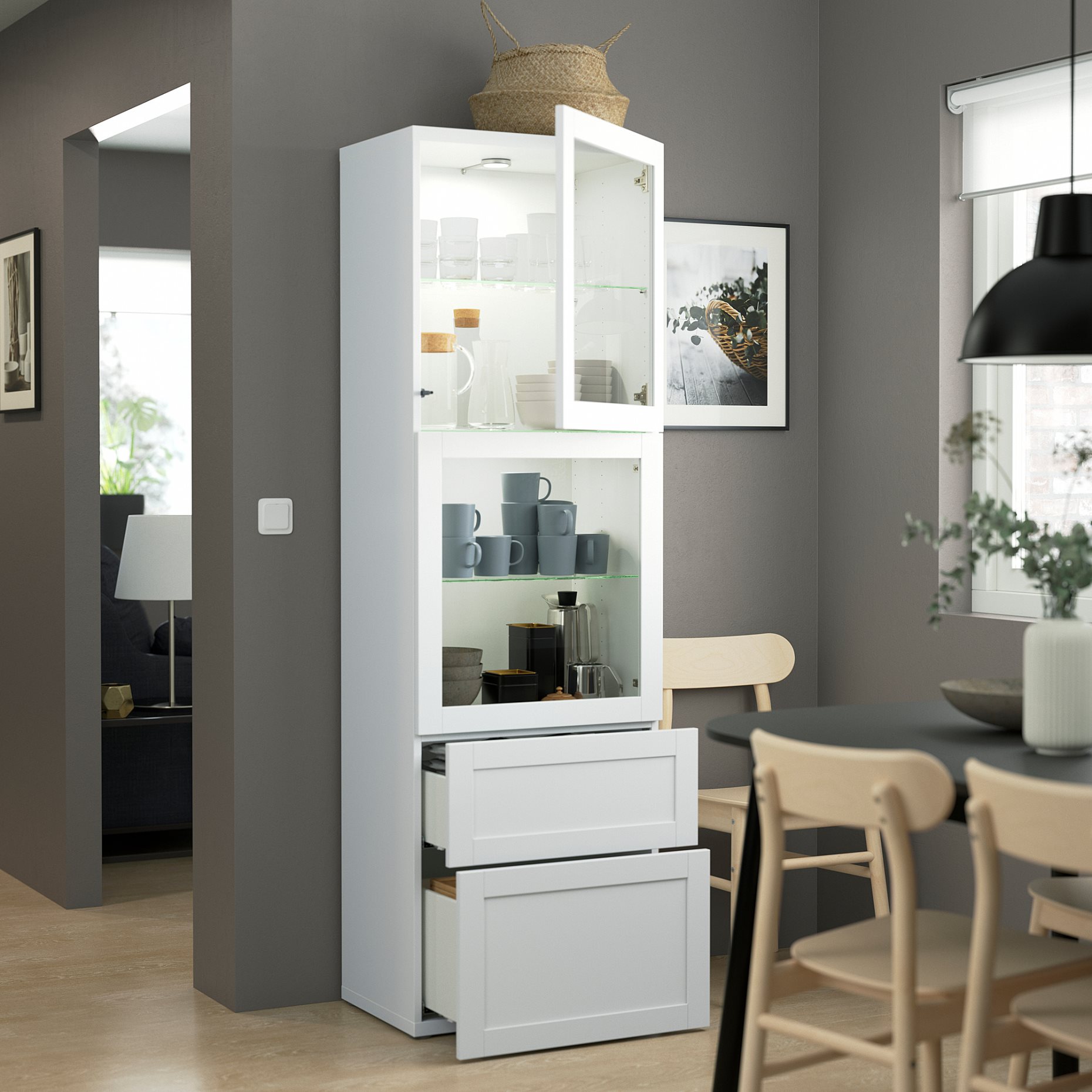 BESTÅ, storage combination with glass doors/drawers soft closing, 60x42x193 cm, 293.008.71
