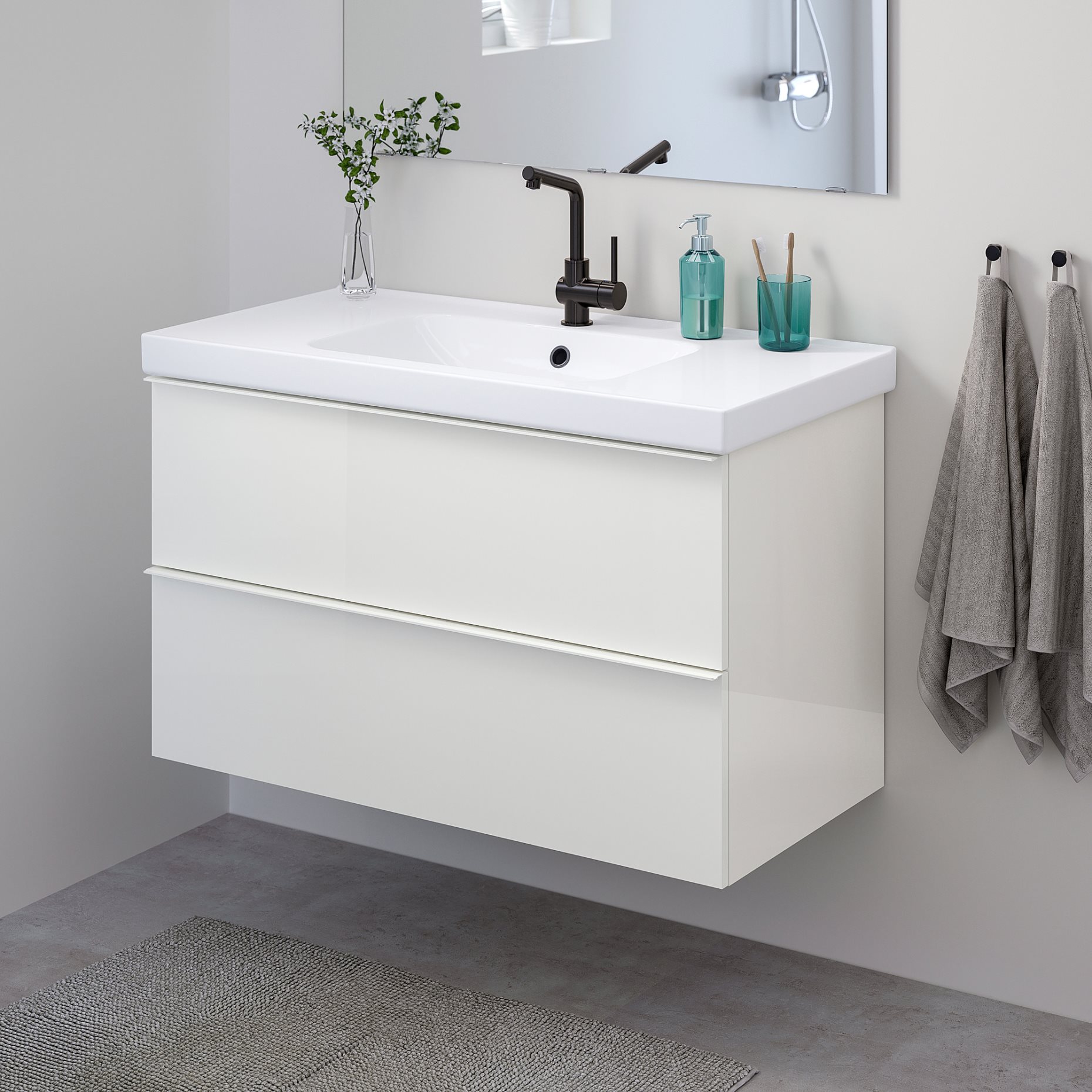 GODMORGON/ODENSVIK, wash-stand with 2 drawers/high-gloss, 103x49x64 cm, 094.244.29