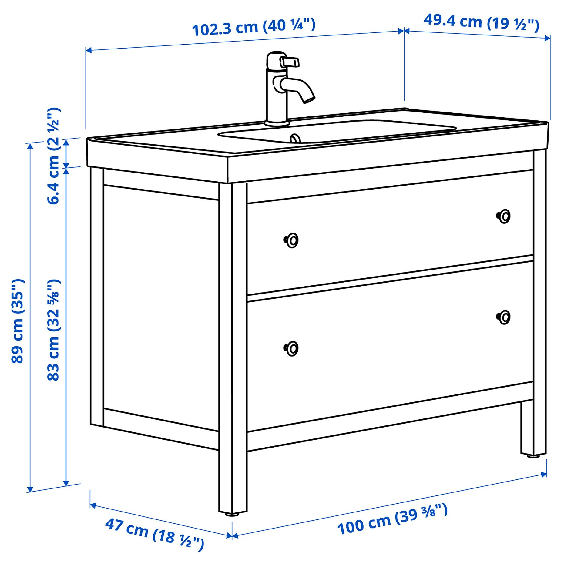 HEMNES/ORRSJON, βάση νιπτήρα με συρτάρια/νιπτήρα/μπαταρία, 102x49x89 cm, 095.468.07