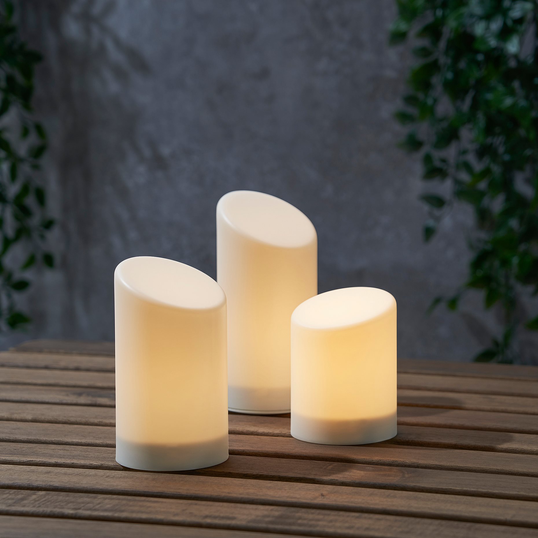 ÄDELLÖVSKOG, block candle with built-in LED light source in/out, set of 3, 105.202.55