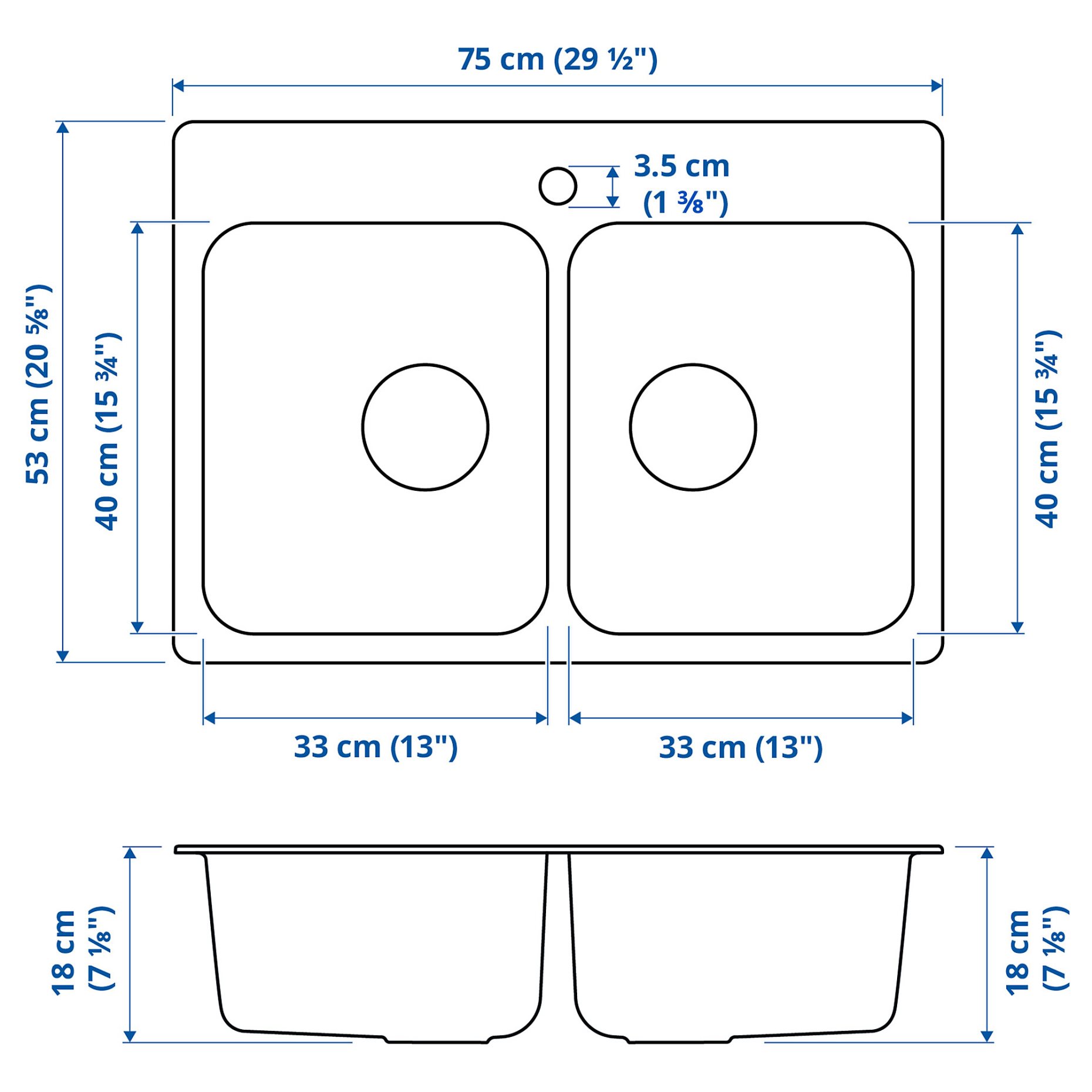 LÅNGUDDEN, inset sink 2 bowls, 75x53 cm, 191.574.87