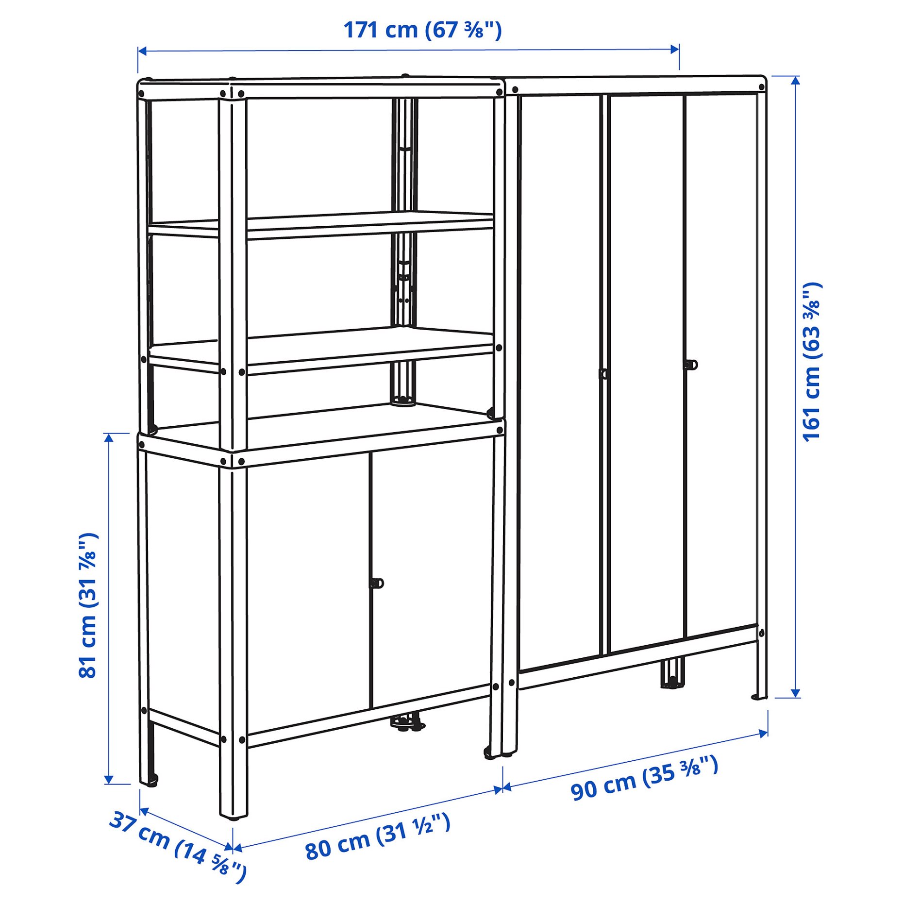 KOLBJÖRN, shelving unit with 2 cabinets, 171x37x161 cm, 192.916.50