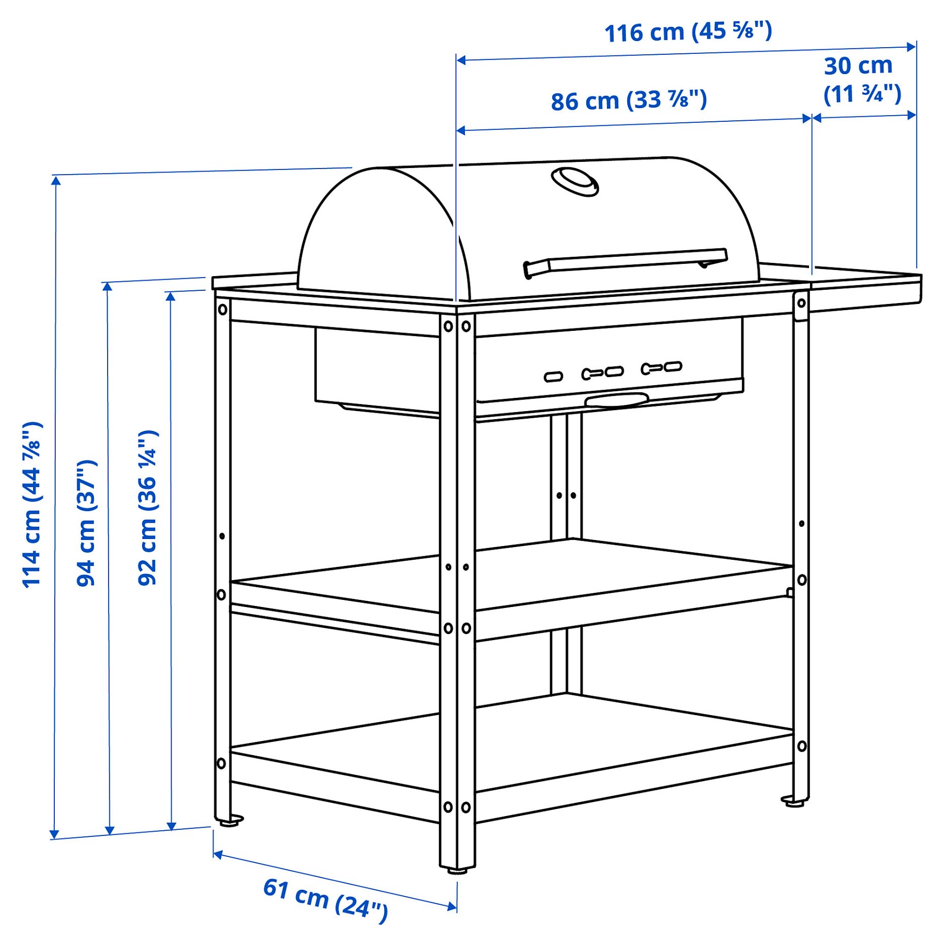GRILLSKÄR, charcoal barbecue with side table/outdoor, 93/116x61 cm, 294.952.13