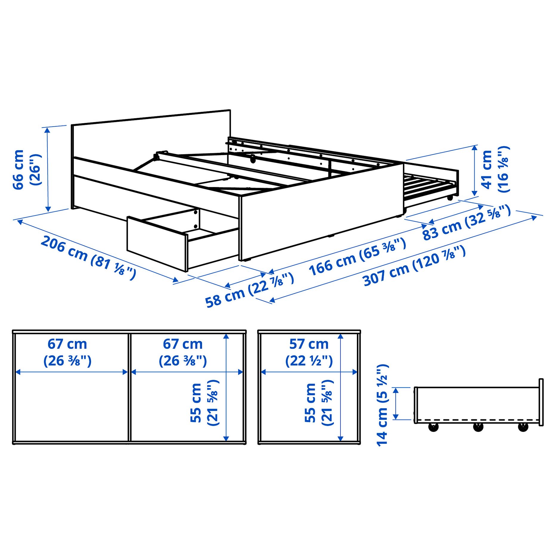VIHALS, bed frame with 2 storage boxes/1 trundle bed, 160x200 cm/80x200 cm, 296.347.23