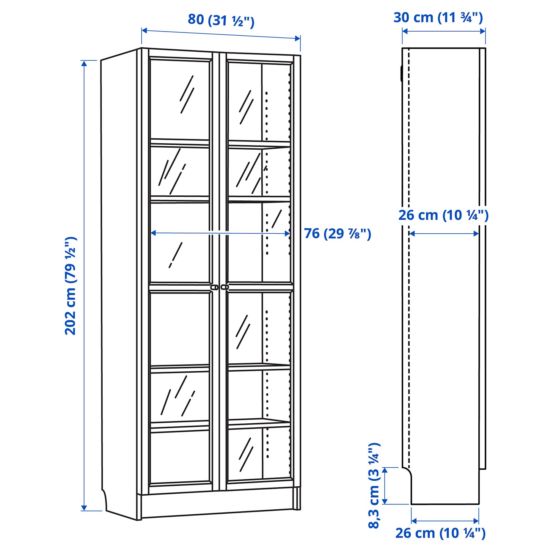 BILLY/OXBERG, bookcase with glass doors, 80x30x202 cm, 394.833.18