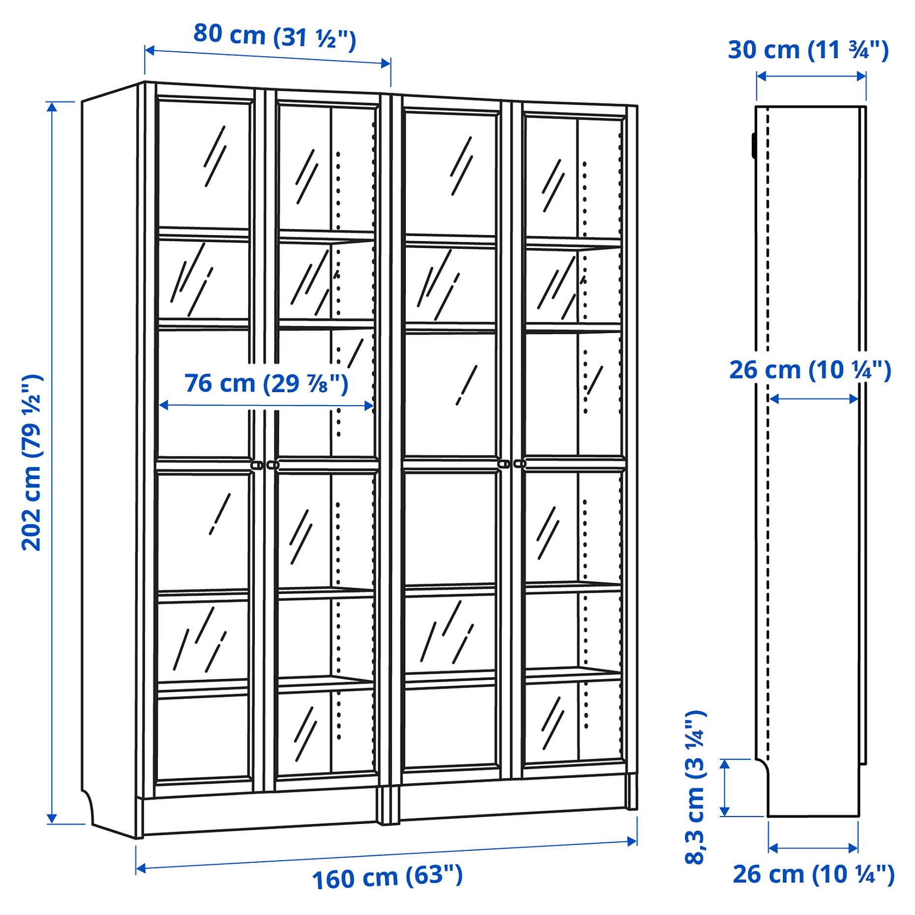 BILLY/OXBERG, σύνθεση βιβλιοθήκης με γυάλινες πόρτες, 160x202 cm, 394.835.30