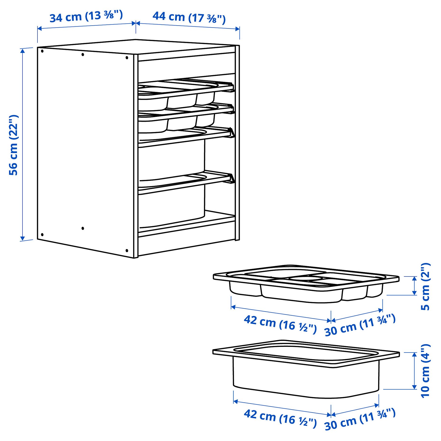 TROFAST, σύνθεση αποθήκευσης με κουτιά/δίσκους, 34x44x56 cm, 395.732.48