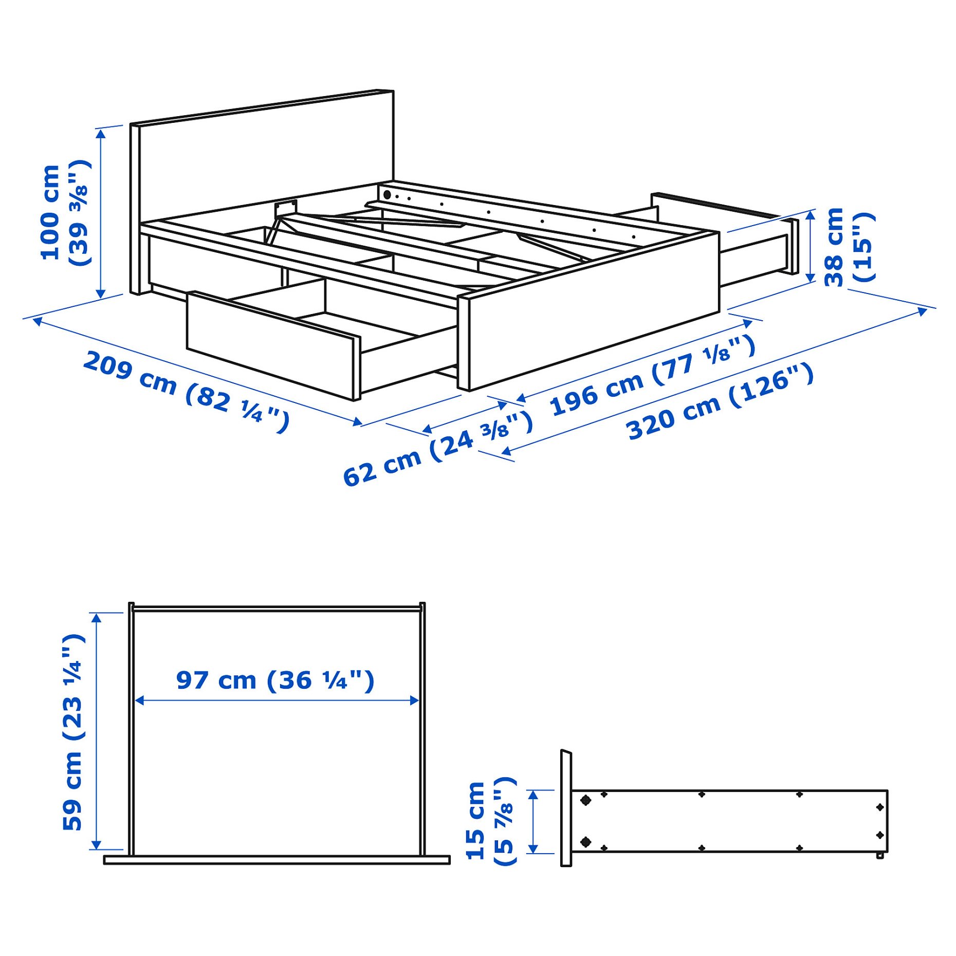 MALM, bed frame/high with 4 storage boxes, 180X200 cm, 490.274.23