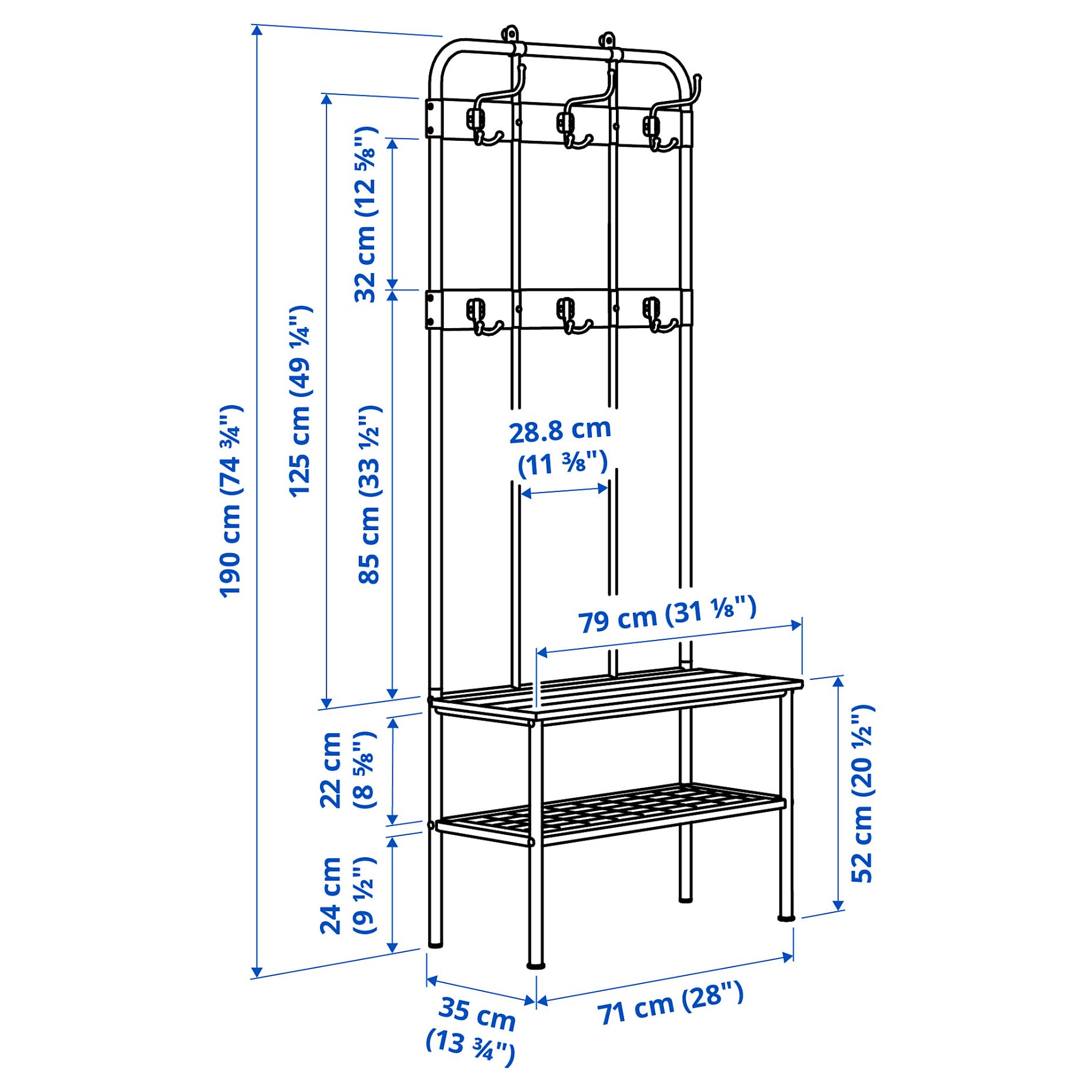 NIPÅSEN, coat rack and bench with shoe storage, 190x35x79 cm, 505.861.45
