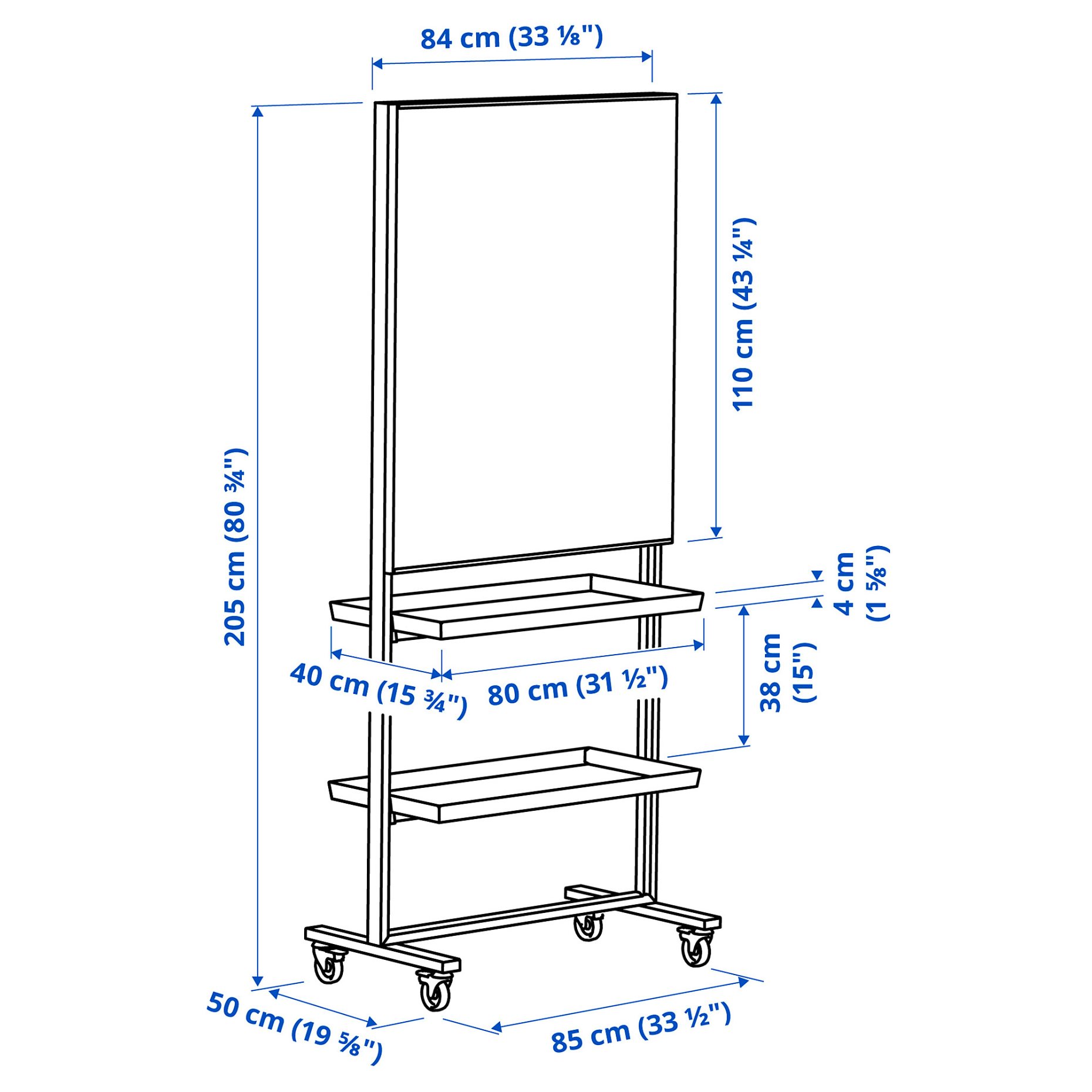 MITTZON, frame with castors/whiteboard/display shelf/cable box, 85x205 cm, 595.146.82