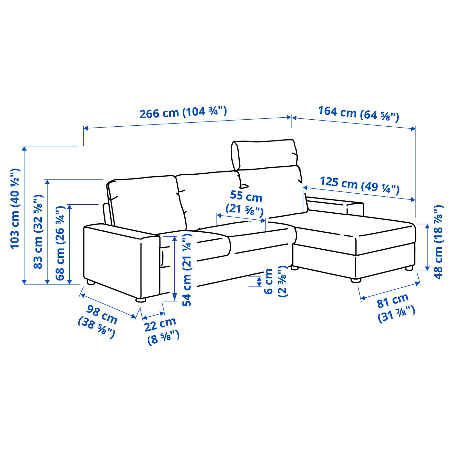 VIMLE, τριθέσιος καναπές με σεζλόνγκ με κεφαλάρι με πλατιά μπράτσα, 694.013.02