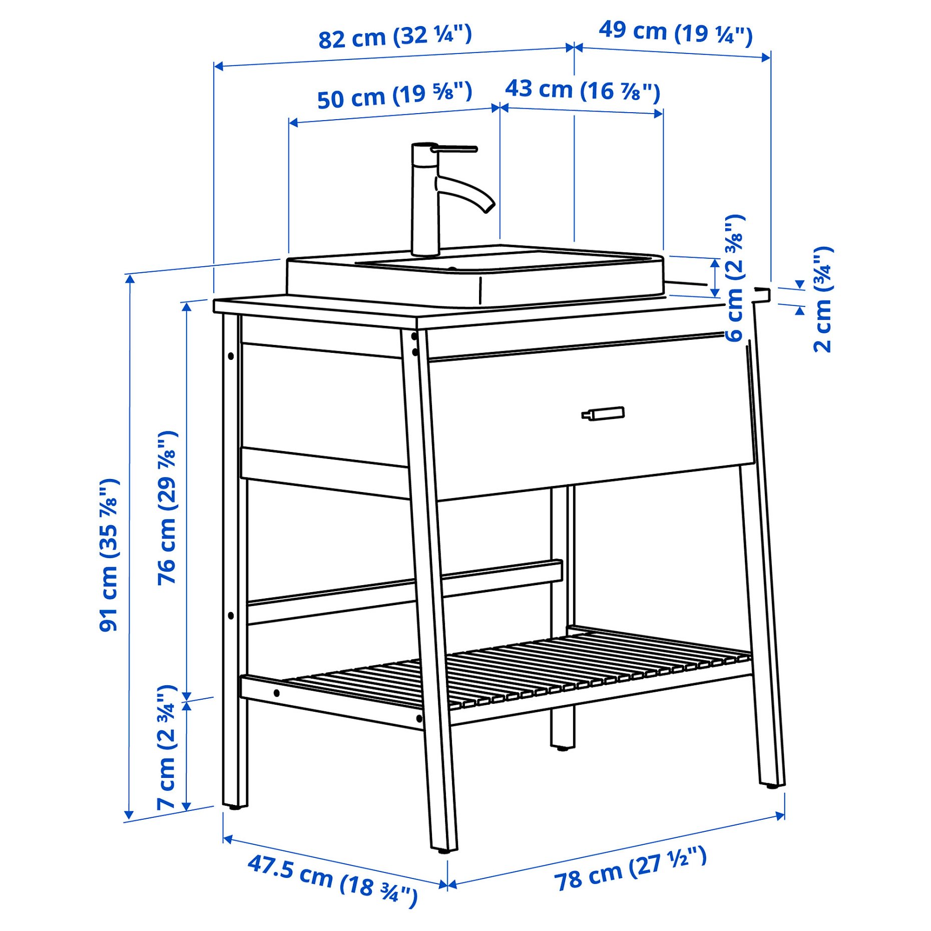RÅGRUND/BACKSJÖ, open wash-stand with drawer/wash-basin/tap, 82x49x91 cm, 696.019.66
