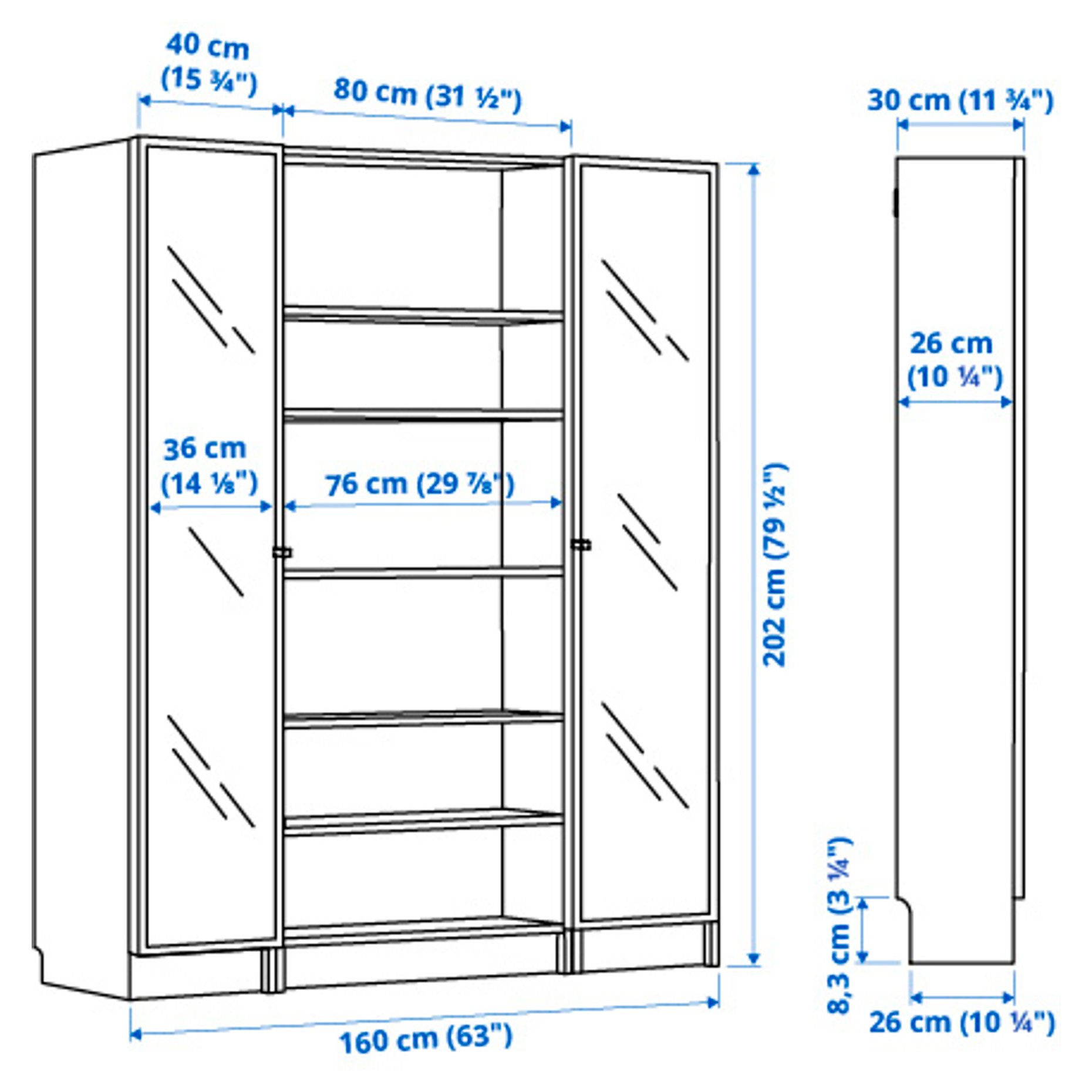BILLY/HOGBO, bookcase combination with glass doors, 160x202 cm, 794.836.65