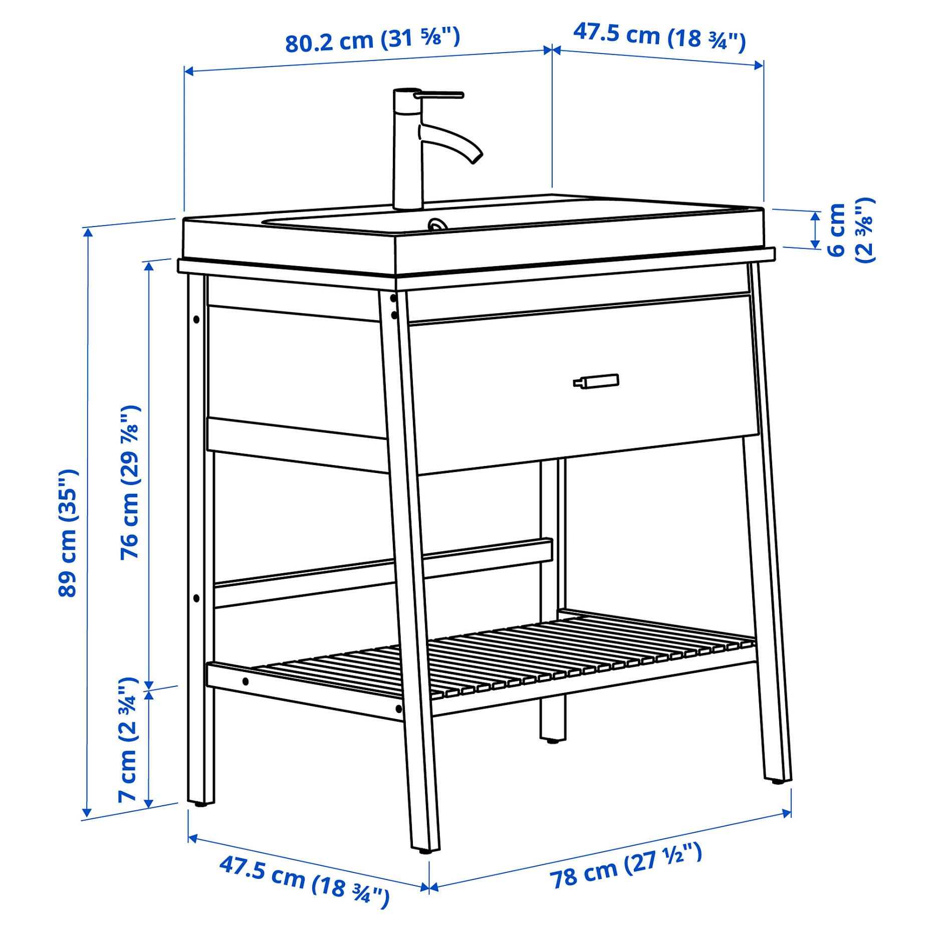 RÅGRUND/BACKSJÖ, open wash-stand with drawer/wash-basin/tap, 80x48x89 cm, 795.998.83