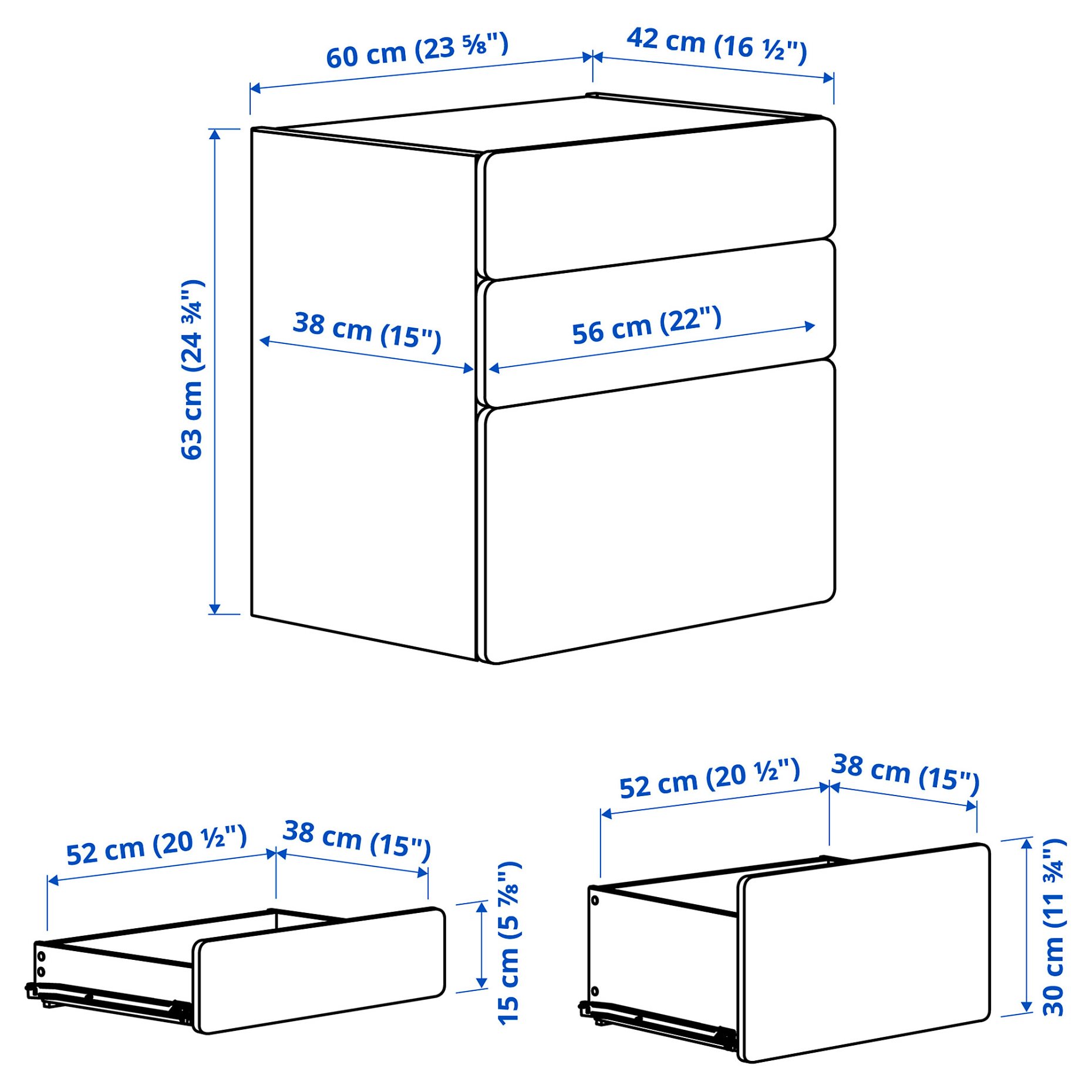 SMASTAD/PLATSA, chest of 3 drawers, 60x42x63 cm, 895.438.24