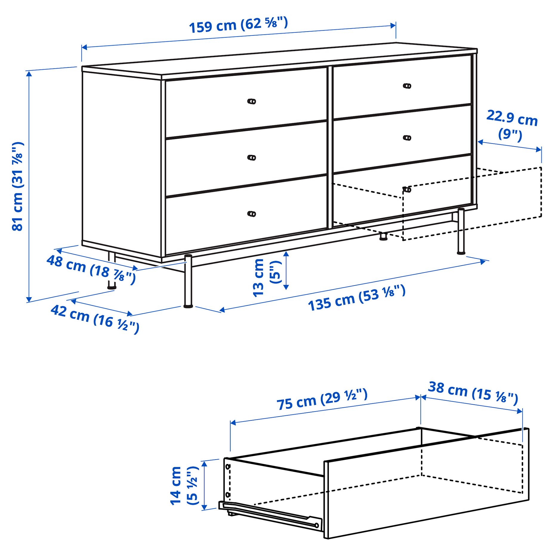 RÅDMANSÖ, chest of 6 drawers, 159x48x81 cm, 905.936.05