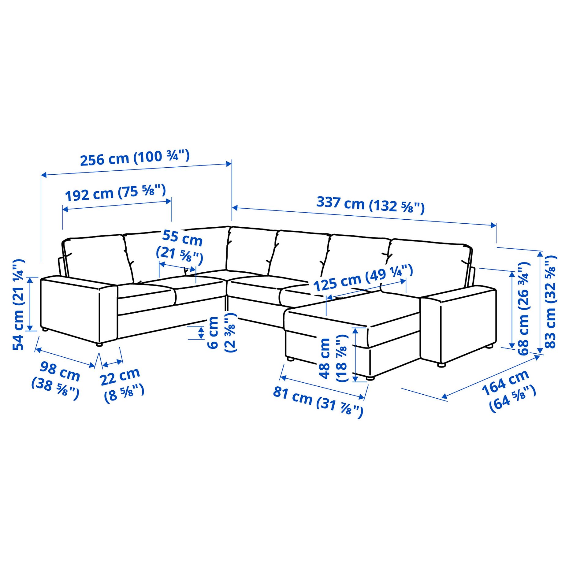 VIMLE, corner sofa, 5-seat with chaise longue with wide armrests, 994.018.24