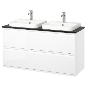 ANGSJON/BACKSJON, wash-stand with drawers/wash-basin/taps/high-gloss, 122x49x71 cm, 895.216.24