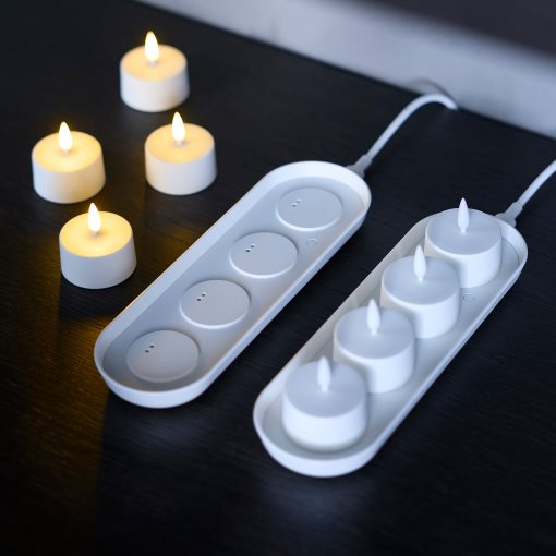 SKATGÅS, tealight kit with built in LED light source and charging tray, 006.115.95