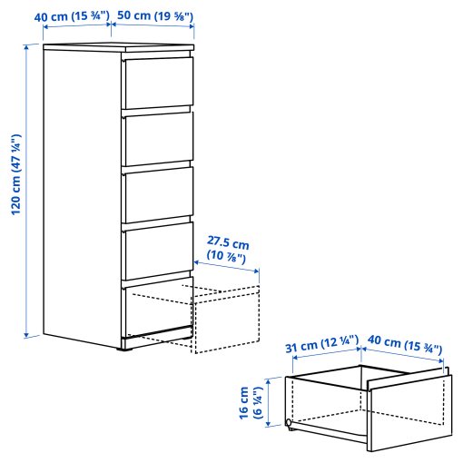 STORKLINTA, chest of 5 drawers, 40x50x120 cm, 006.275.39