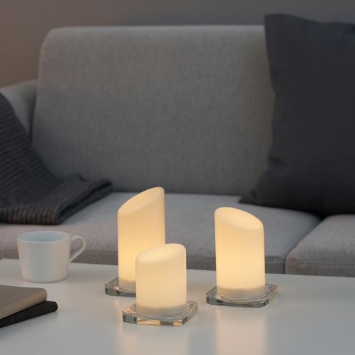 ÄDELLÖVSKOG, block candle with built-in LED light source in/out, set of 3, 105.202.55