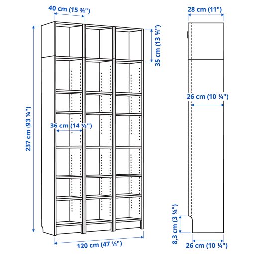 BILLY, bookcase combination with height extension units, 120x28x237 cm, 294.833.90
