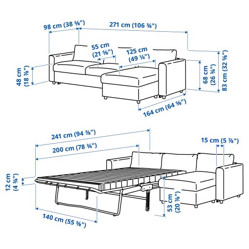 VIMLE, τριθέσιος καναπές-κρεβάτι με σεζλόνγκ, 295.370.72