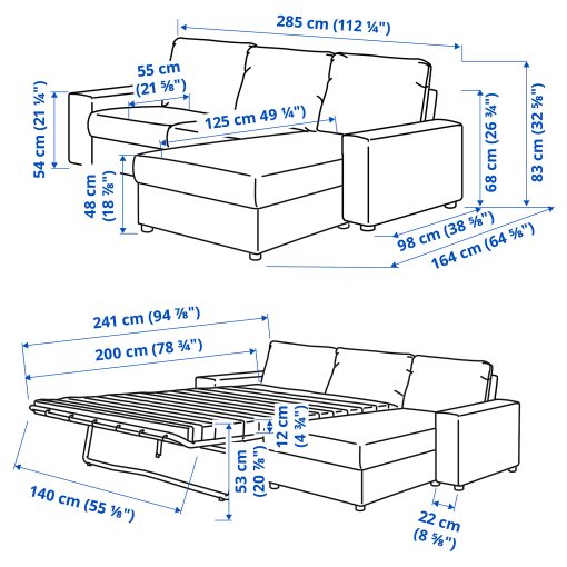 VIMLE, τριθέσιος καναπές-κρεβάτι με πλατιά μπράτσα και σεζλόνγκ, 295.372.27
