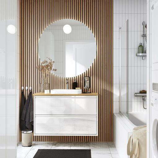 ANGSJON/BACKSJON, βάση νιπτήρα με συρτάρια/νιπτήρα/μπαταρία/γυαλιστερό, 102x49x71 cm, 395.215.94