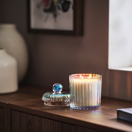 RÄFFELBJÖRK, scented candle in glass with lid/2 wicks/Rose & carnation,, 406.181.80
