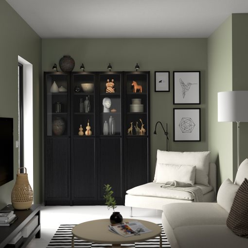 BILLY/OXBERG, bookcase combination with panel/glass doors, 160x202 cm, 494.835.44