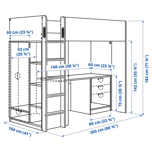 SMÅSTAD, loft bed frame with desk and storage, 90x200 cm, 504.540.36