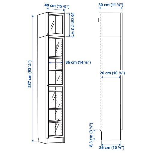 BILLY/OXBERG, bookcase with glass doors/height extension unit, 40x30x237 cm, 594.833.60