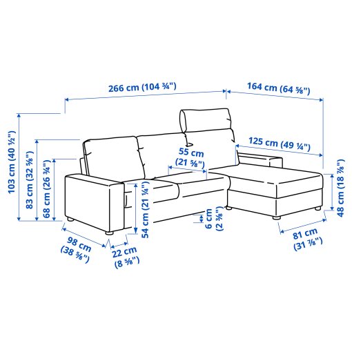 VIMLE, 3-seat sofa with chaise longue with headrest with wide armrests, 694.013.02