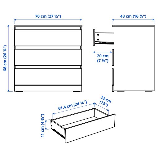 LILLBERGET, chest of 3 drawers, 70x43x68 cm, 806.304.77