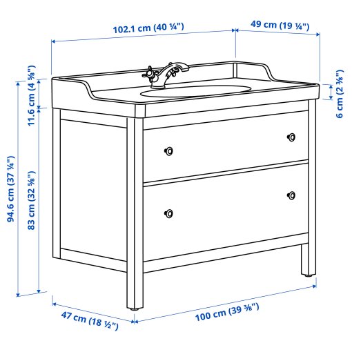 HEMNES/RUTSJON, βάση νιπτήρα με συρτάρια/νιπτήρα/μπαταρία, 102x49x95 cm, 895.468.27