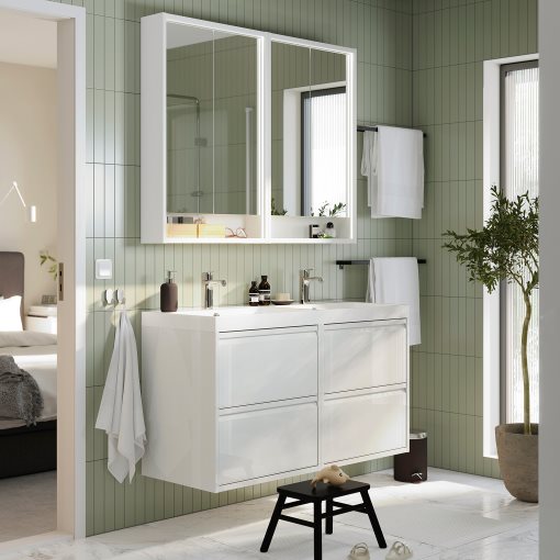 ANGSJON/BACKSJON, έπιπλο νιπτήρα/νιπτήρας/μπαταρίες, 122x49x69 cm, 995.285.35