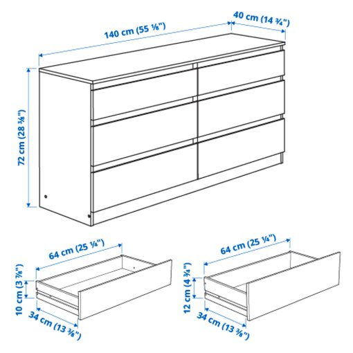 KULLEN, chest of 6 drawers, 140x72 cm, 003.092.35