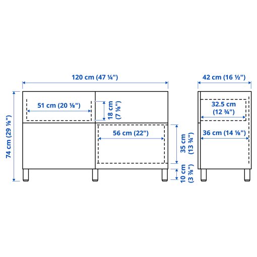 BESTÅ, σύνθεση αποθήκευσης με πόρτες/συρτάρια με μαλακό κλείσιμο, 120x42x74 cm, 091.953.00