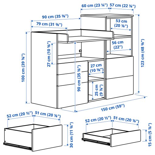 SMASTAD/PLATSA, changing table with bookcase, 150x79x123 cm, 195.832.29