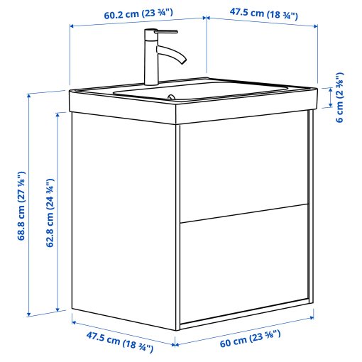 ANGSJON/BACKSJON, βάση νιπτήρα με συρτάρια/νιπτήρα/μπαταρία, 60x48x69 cm, 295.140.37