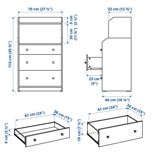 HAUGA, chest of 3 drawers with shelf, 70x46x116 cm, 305.815.25