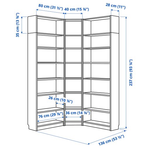 BILLY, bookcase corner combination with height extension units, 136/136x28x237 cm, 394.835.49