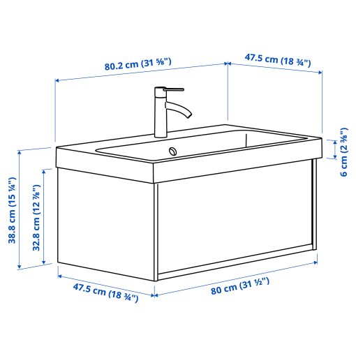 ANGSJON/BACKSJON, βάση νιπτήρα με συρτάρι/νιπτήρα/μπαταρία, 80x48x39 cm, 395.212.35