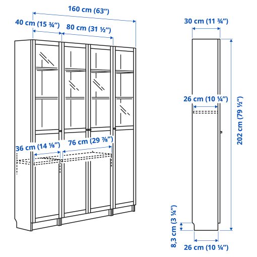 BILLY/OXBERG, bookcase combination with panel/glass doors, 160x202 cm, 494.835.44