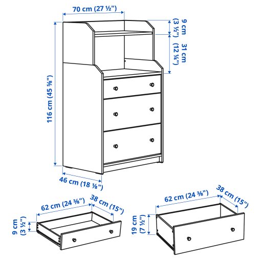 HAUGA, chest of 3 drawers with shelf,70x116 cm, 504.026.41