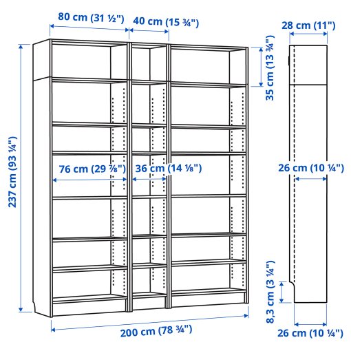 BILLY, bookcase combination with height extension units, 200x28x237 cm, 594.835.34
