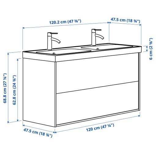 ANGSJON/BACKSJON, βάση νιπτήρα με συρτάρια/νιπτήρα/μπαταρίες, 120x48x69 cm, 595.140.12