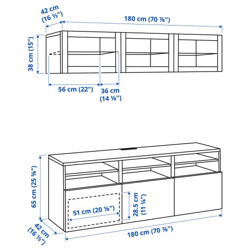 BESTÅ, σύνθεση αποθήκευσης TV/γυάλινες πόρτες/συρτάρια ανοίγματος με πίεση, 180x42x192 cm, 694.887.91